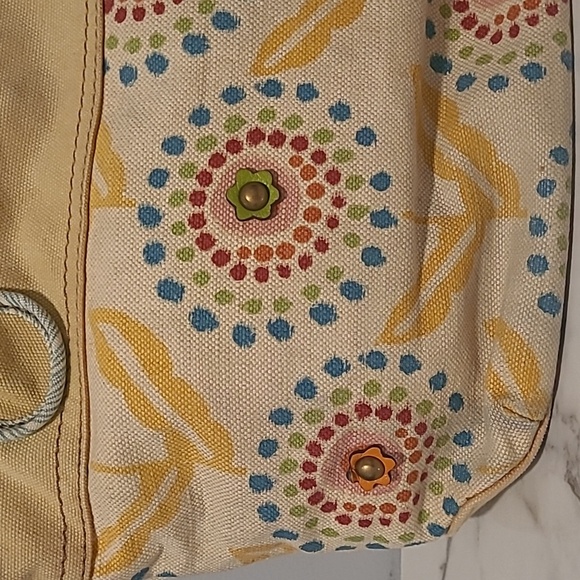 Fossil Yellow Beige Floral Canvas Leather Flowers Accent Knot Handles Tote Boho - Picture 2 of 16
